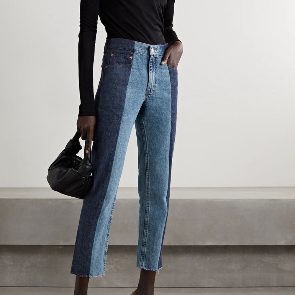 E.L.V. ELV Denim Twin Frayed Two-Tone Contrast High-Rise Straight Leg Jeans 27